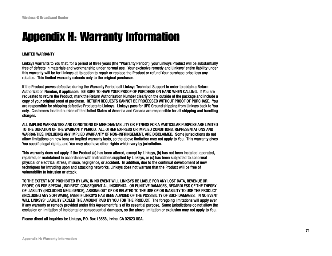 Cisco Systems WRK54G manual Appendix H Warranty Information 