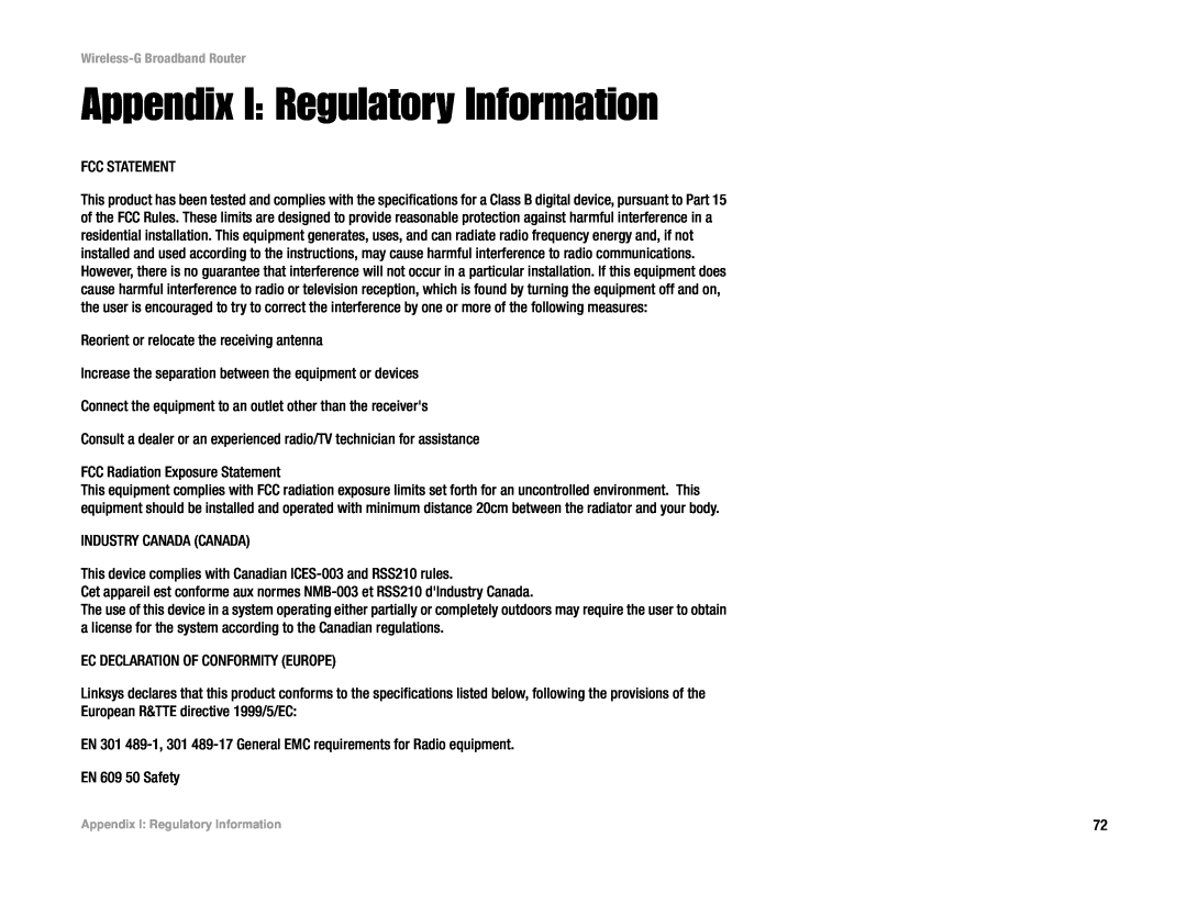 Cisco Systems WRK54G manual Appendix I Regulatory Information 