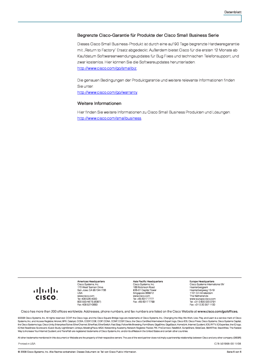 Cisco Systems WRP400 manual Begrenzte Cisco-Garantie für Produkte der Cisco Small Business Serie, Weitere Informationen 