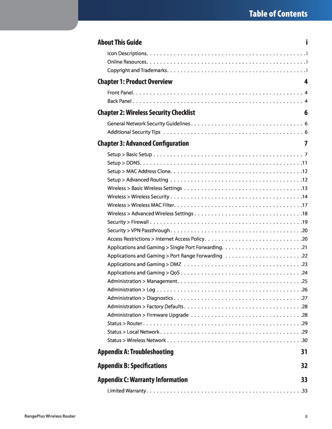 Cisco Systems WRT110 manual Table of Contents, About This Guide, Product Overview, Advanced Configuration 