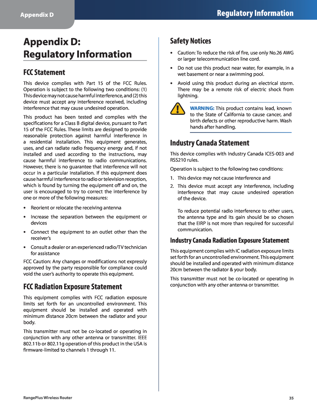 Cisco Systems WRT110 Appendix D Regulatory Information, FCC Statement, FCC Radiation Exposure Statement, Safety Notices 