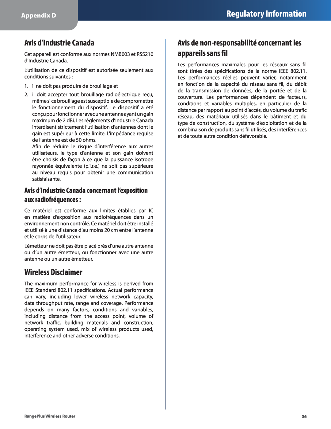 Cisco Systems WRT110 manual Avis d’Industrie Canada, Wireless Disclaimer, Regulatory Information, Appendix D 