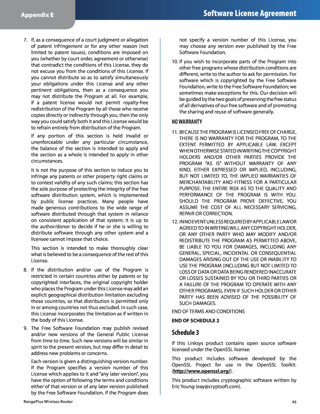 Cisco Systems WRT110 manual No Warranty, Software License Agreement, Schedule, Appendix E 