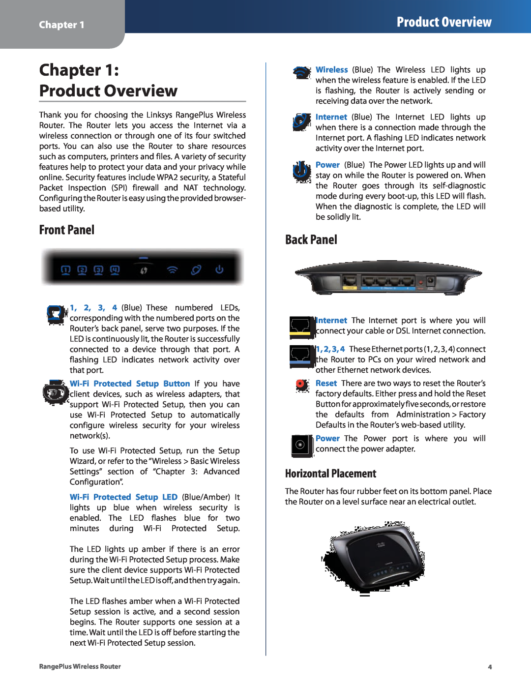 Cisco Systems WRT110 manual Chapter Product Overview, Front Panel, Back Panel, Horizontal Placement 
