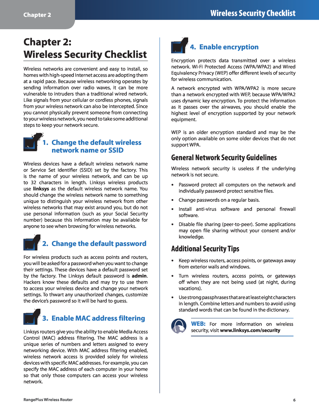 Cisco Systems WRT110 Chapter Wireless Security Checklist, General Network Security Guidelines, Additional Security Tips 