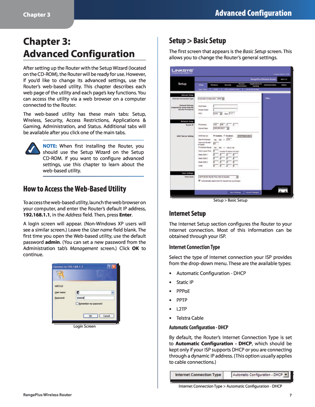 Cisco Systems WRT110 manual Chapter Advanced Configuration, How to Access the Web-Based Utility, Setup Basic Setup 