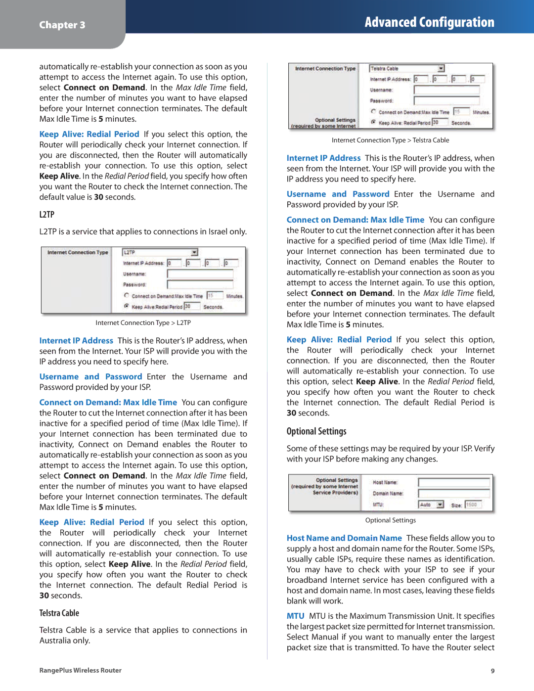 Cisco Systems WRT110 manual Optional Settings, Telstra Cable 