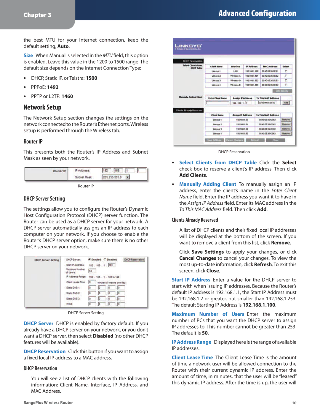 Cisco Systems WRT110 manual Network Setup, Router IP, Dhcp Server Setting, Dhcp Reservation, Clients Already Reserved 