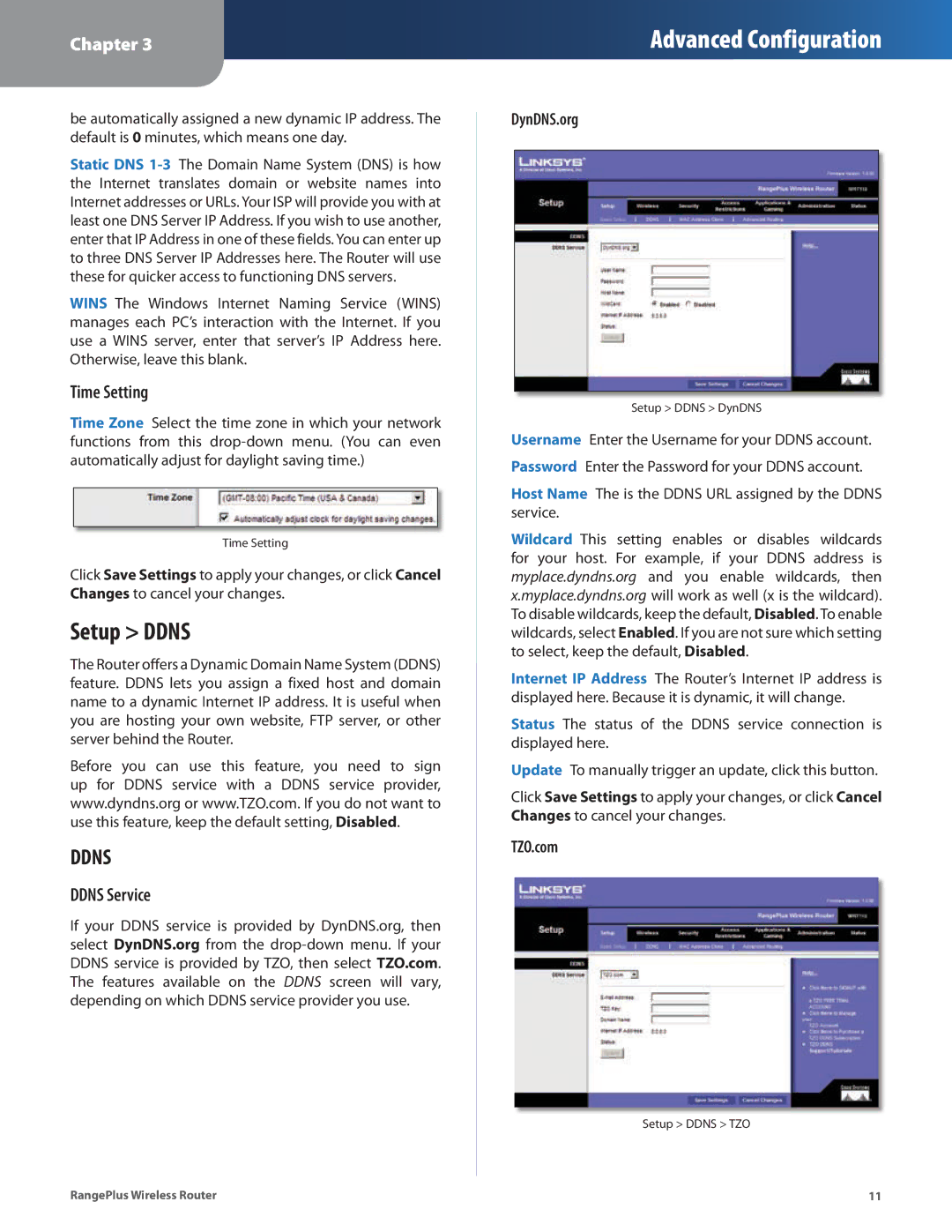 Cisco Systems WRT110 manual Setup Ddns, Time Setting, Ddns Service, DynDNS.org, TZO.com 