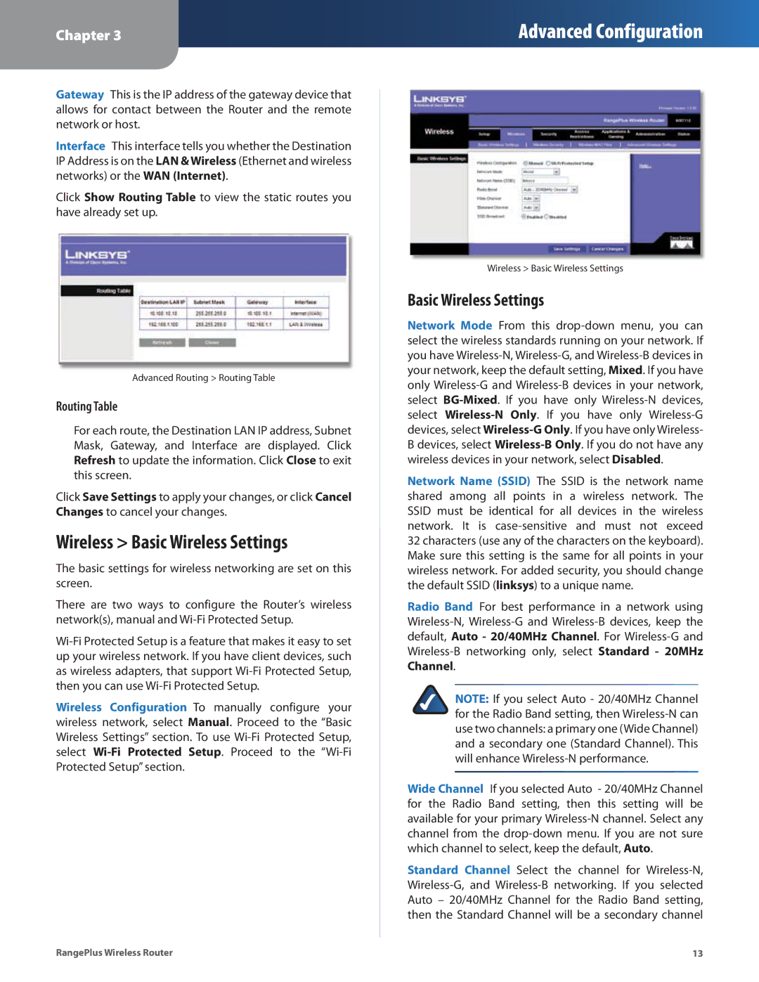 Cisco Systems WRT110 manual Wireless Basic Wireless Settings, Routing Table 