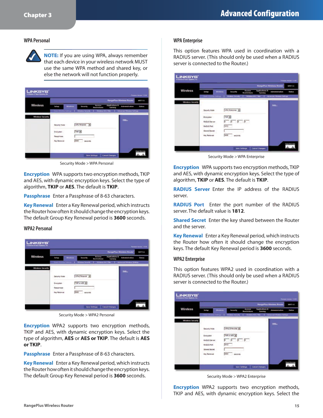 Cisco Systems WRT110 manual WPA Personal, WPA2 Personal, WPA Enterprise, WPA2 Enterprise 