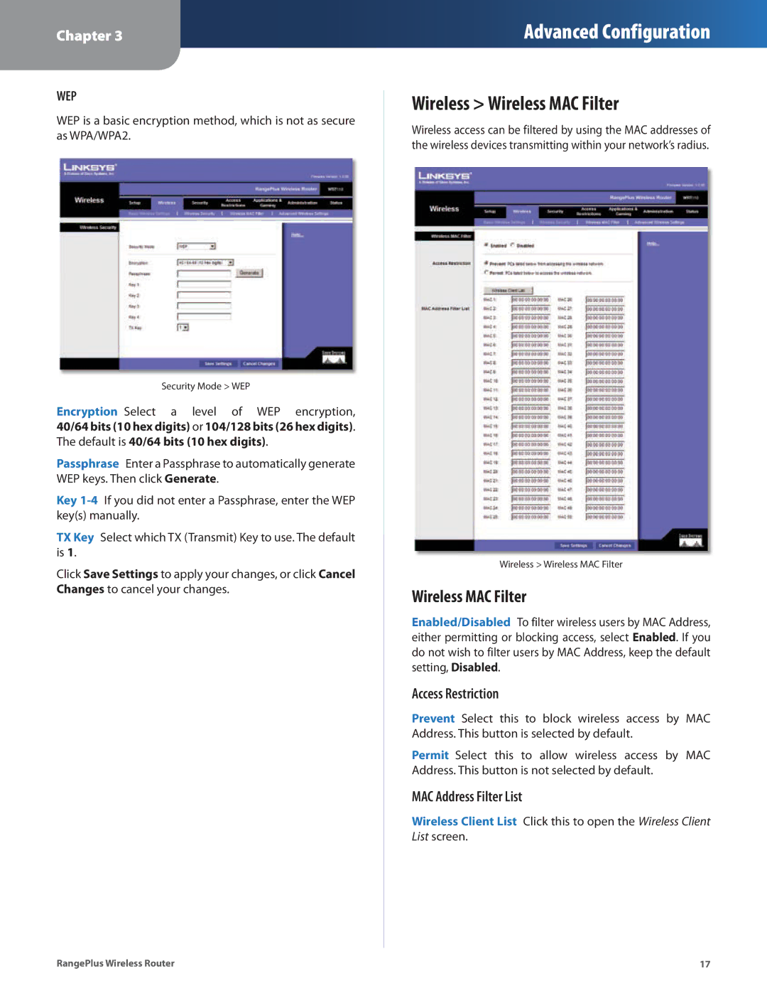 Cisco Systems WRT110 manual Wireless Wireless MAC Filter, Access Restriction, MAC Address Filter List 