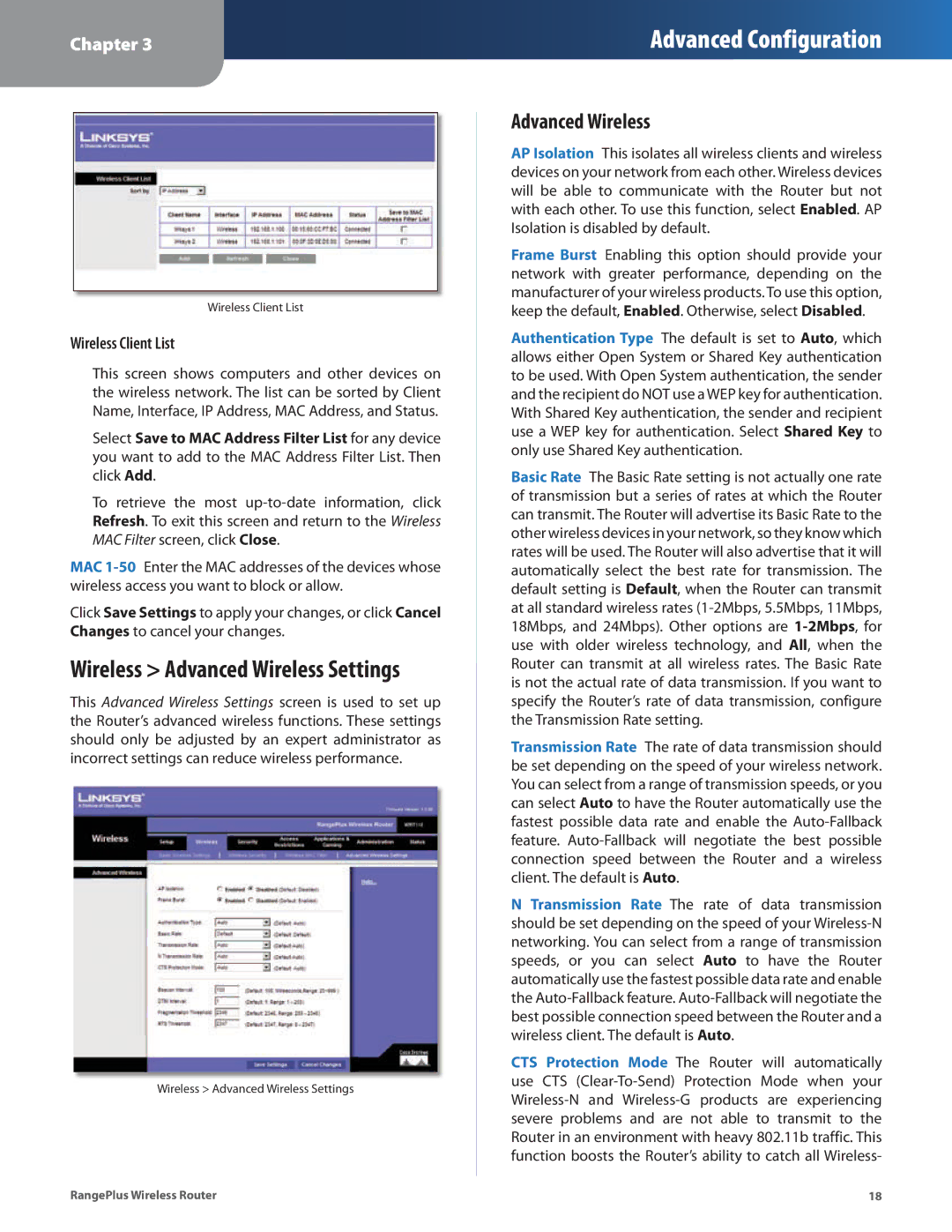 Cisco Systems WRT110 manual Advanced Wireless, Wireless Client List 