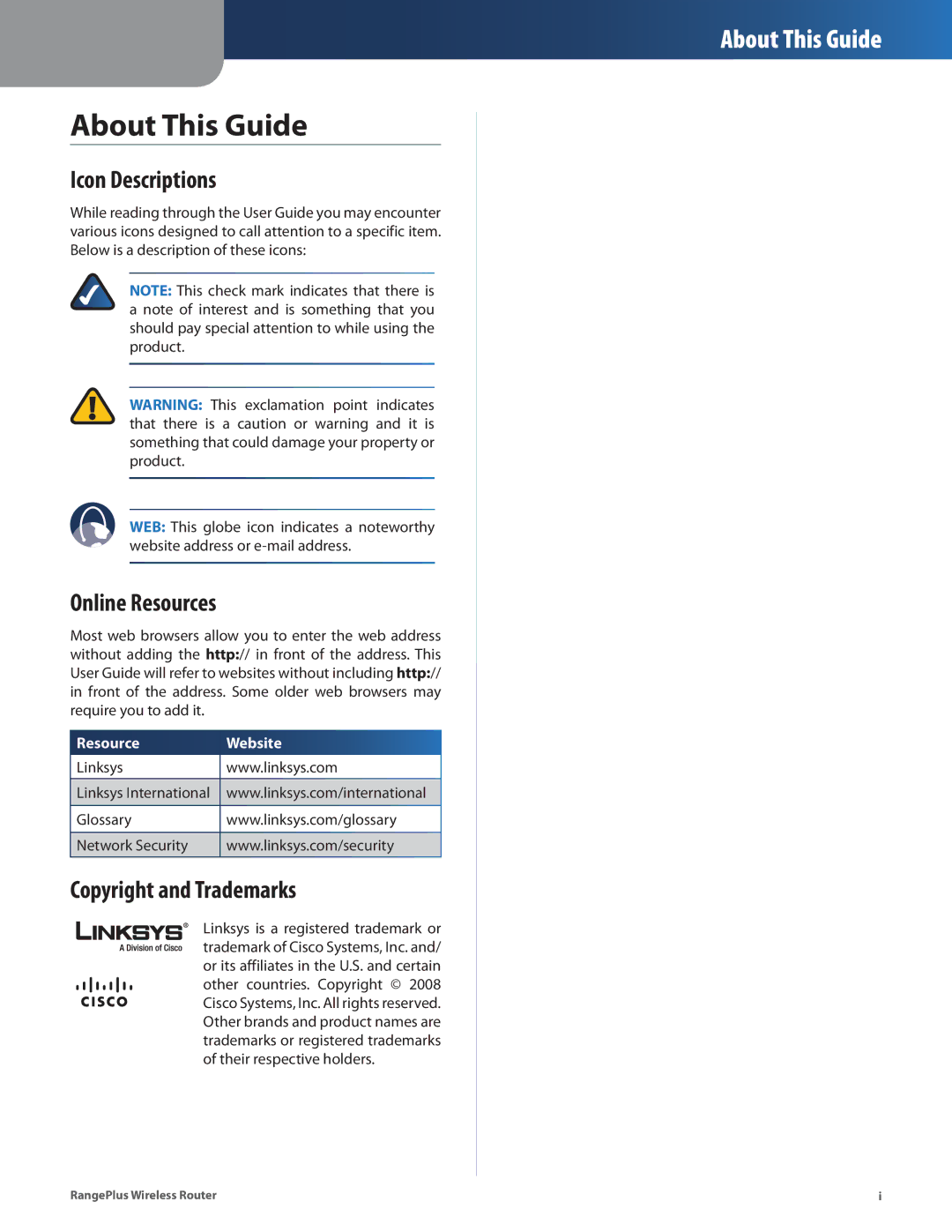 Cisco Systems WRT110 manual About This Guide, Icon Descriptions, Online Resources, Copyright and Trademarks 