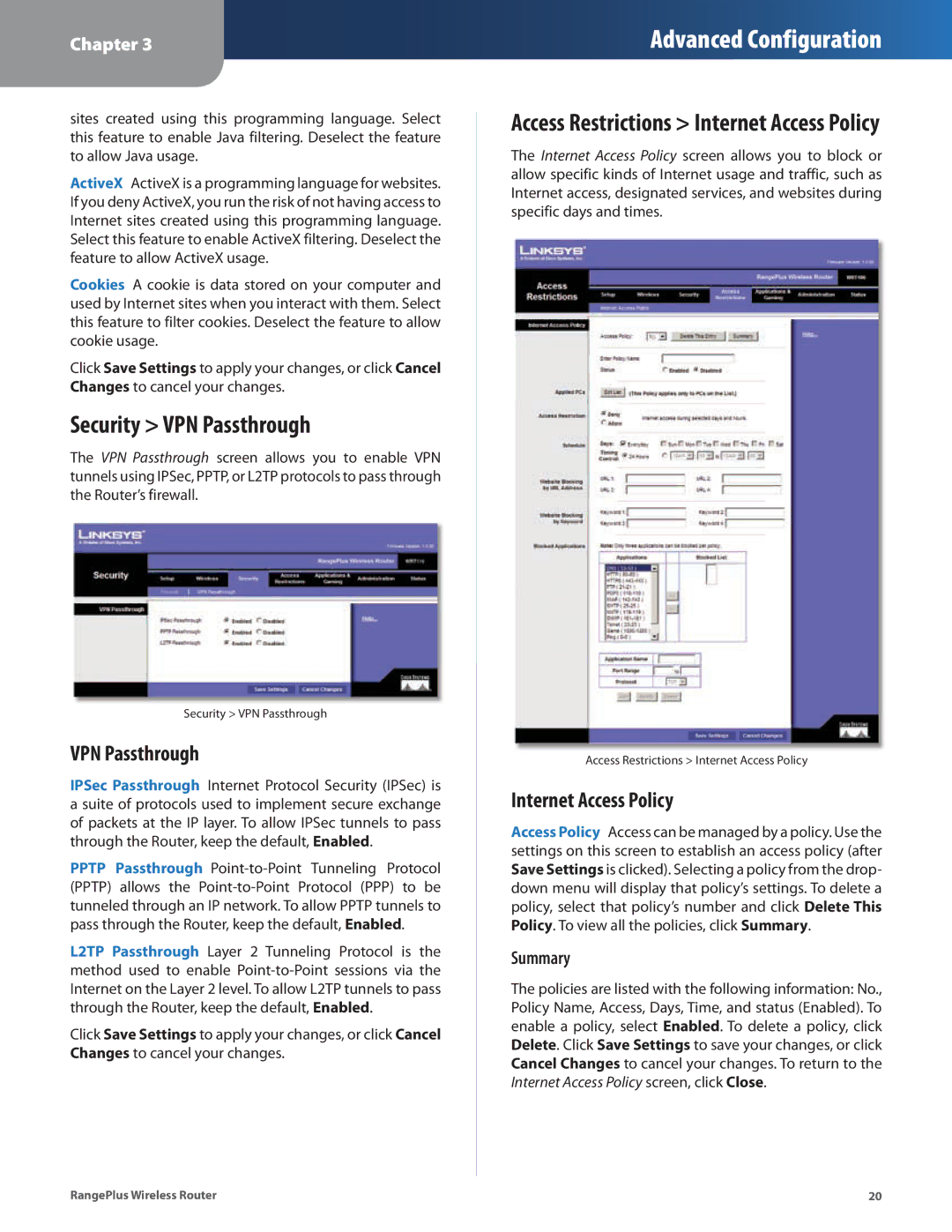 Cisco Systems WRT110 manual Security VPN Passthrough, Internet Access Policy, Summary 