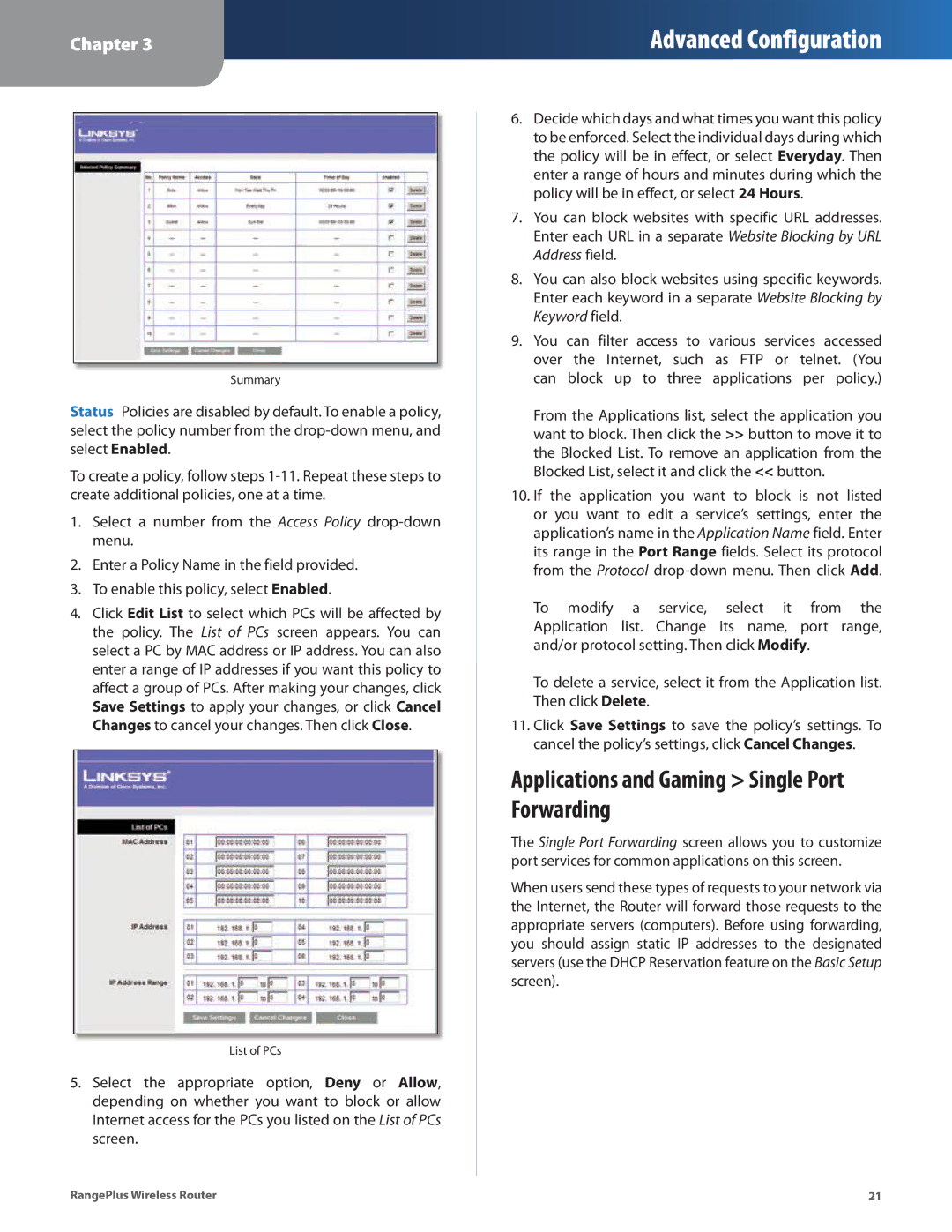 Cisco Systems WRT110 manual Applications and Gaming Single Port Forwarding 