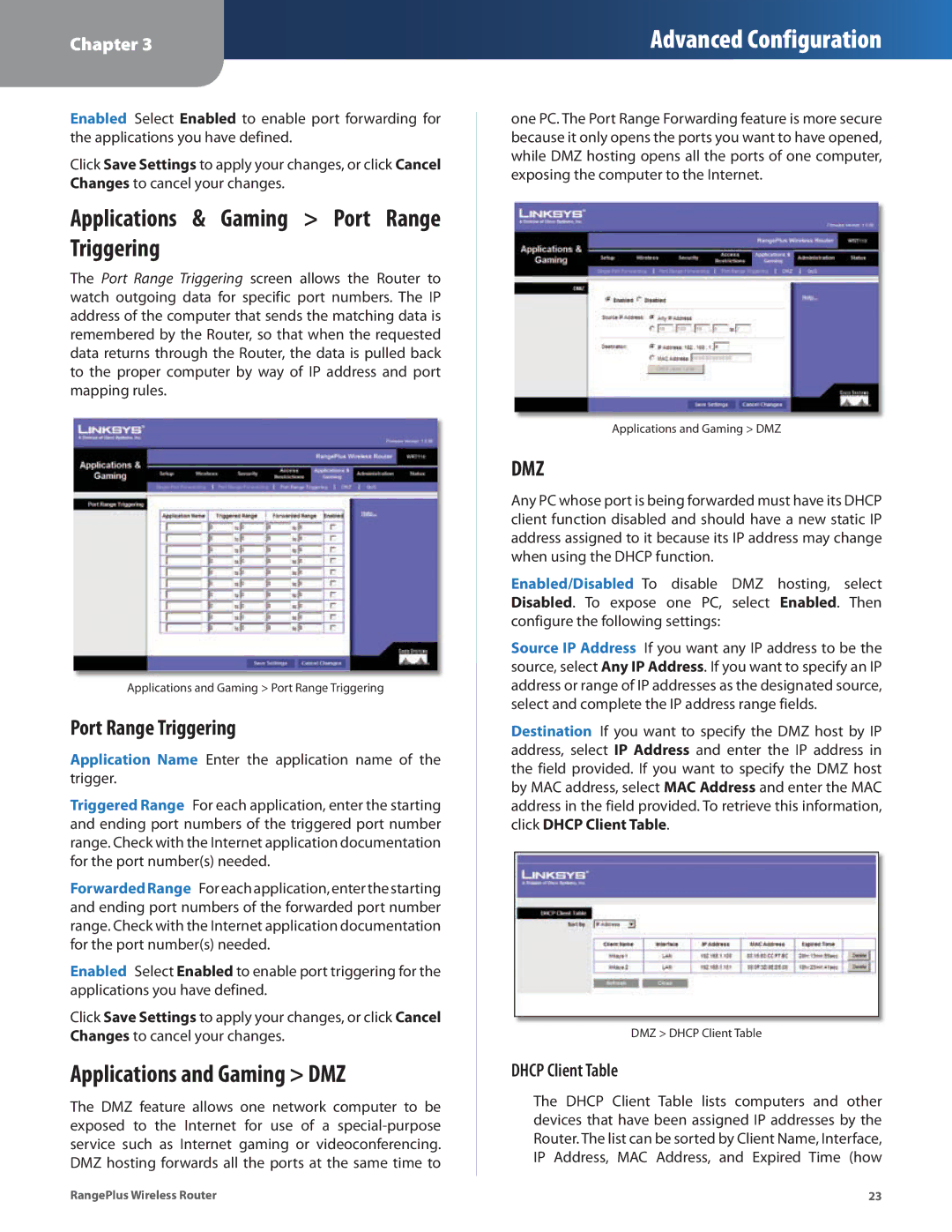 Cisco Systems WRT110 manual Applications & Gaming Port Range Triggering, Applications and Gaming DMZ, Dhcp Client Table 