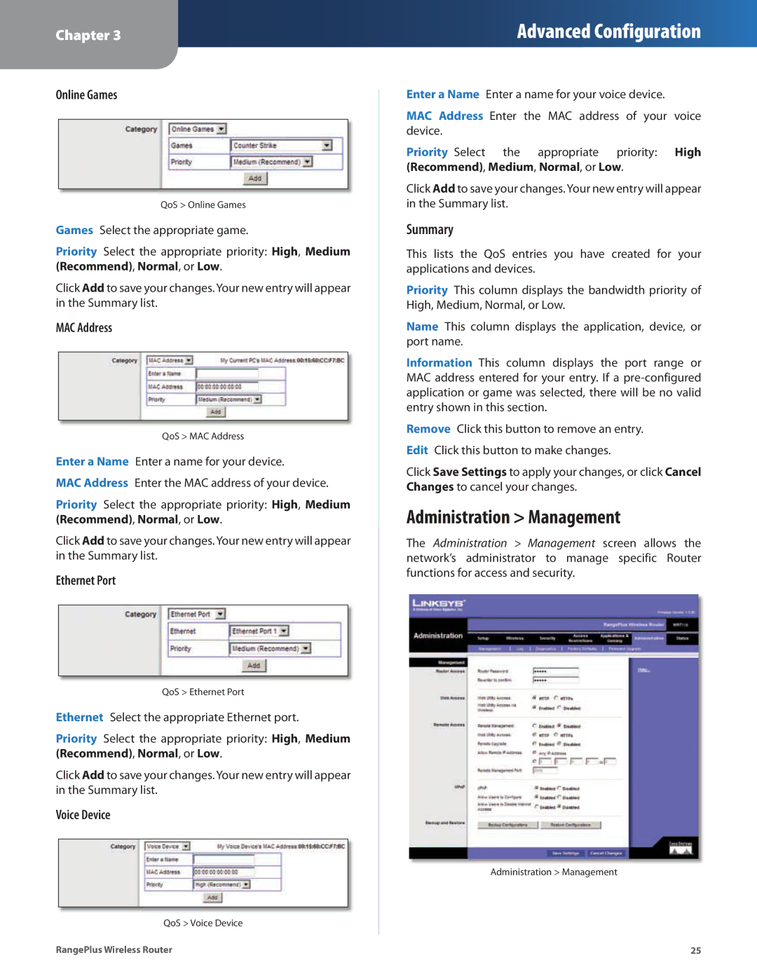 Cisco Systems WRT110 manual Administration Management, Online Games, MAC Address, Ethernet Port, Voice Device 