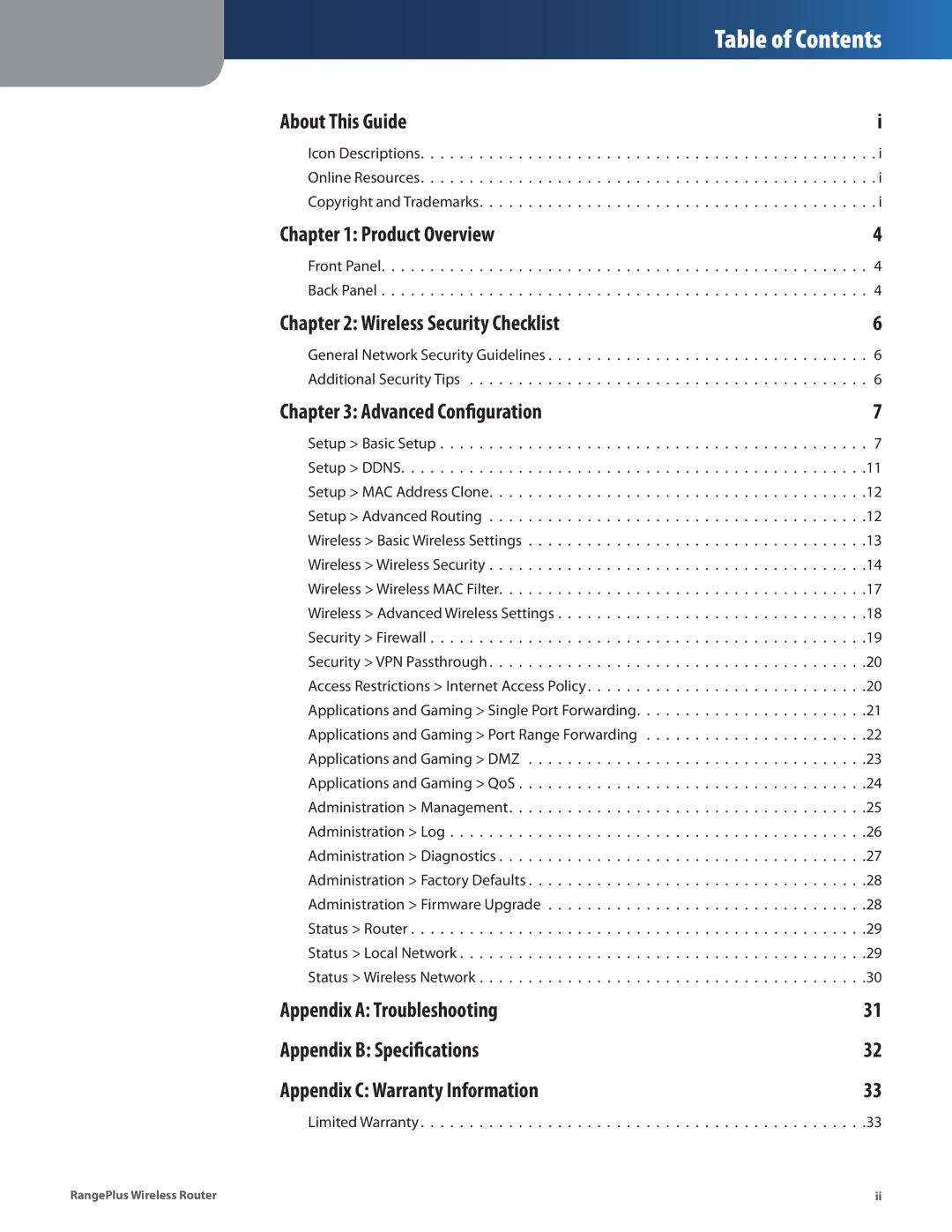 Cisco Systems WRT110 manual Table of Contents 