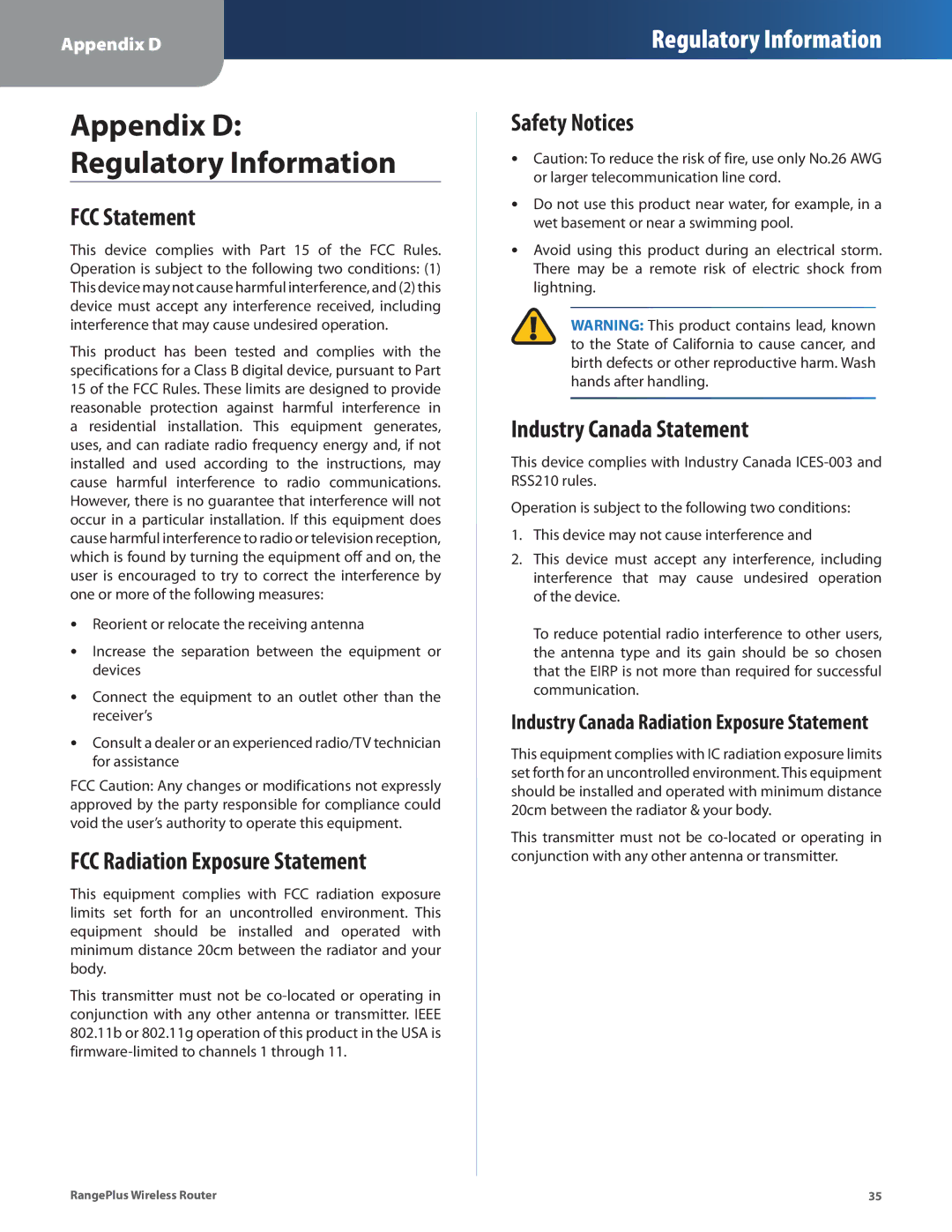 Cisco Systems WRT110 manual FCC Statement, FCC Radiation Exposure Statement, Safety Notices, Industry Canada Statement 