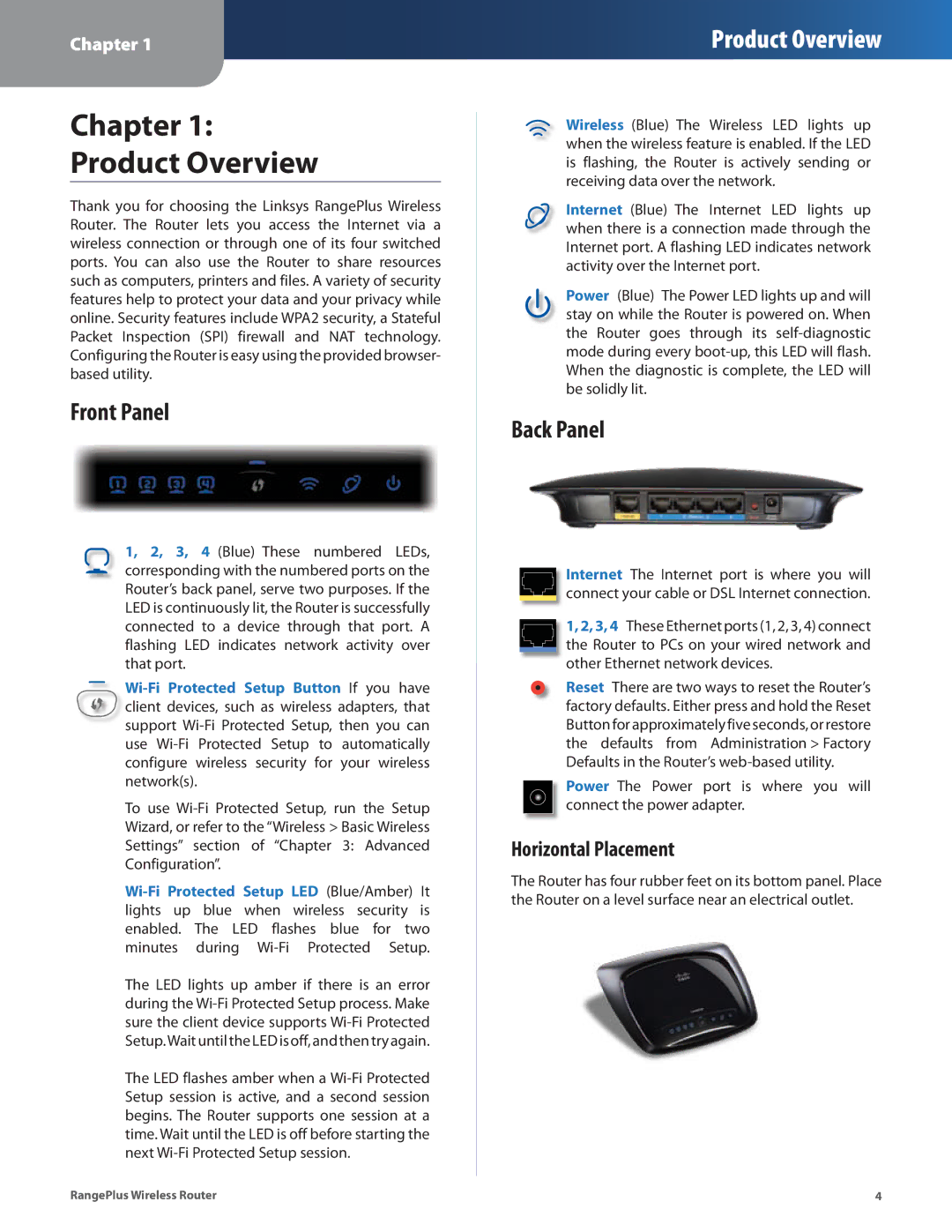 Cisco Systems WRT110 manual Chapter Product Overview, Front Panel, Back Panel, Horizontal Placement 