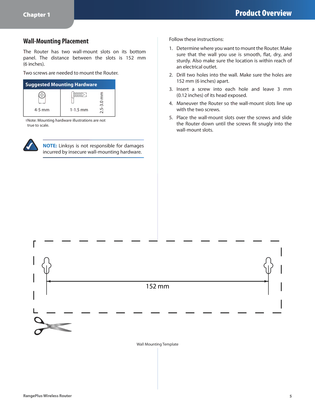 Cisco Systems WRT110 manual Wall-Mounting Placement, Suggested Mounting Hardware 