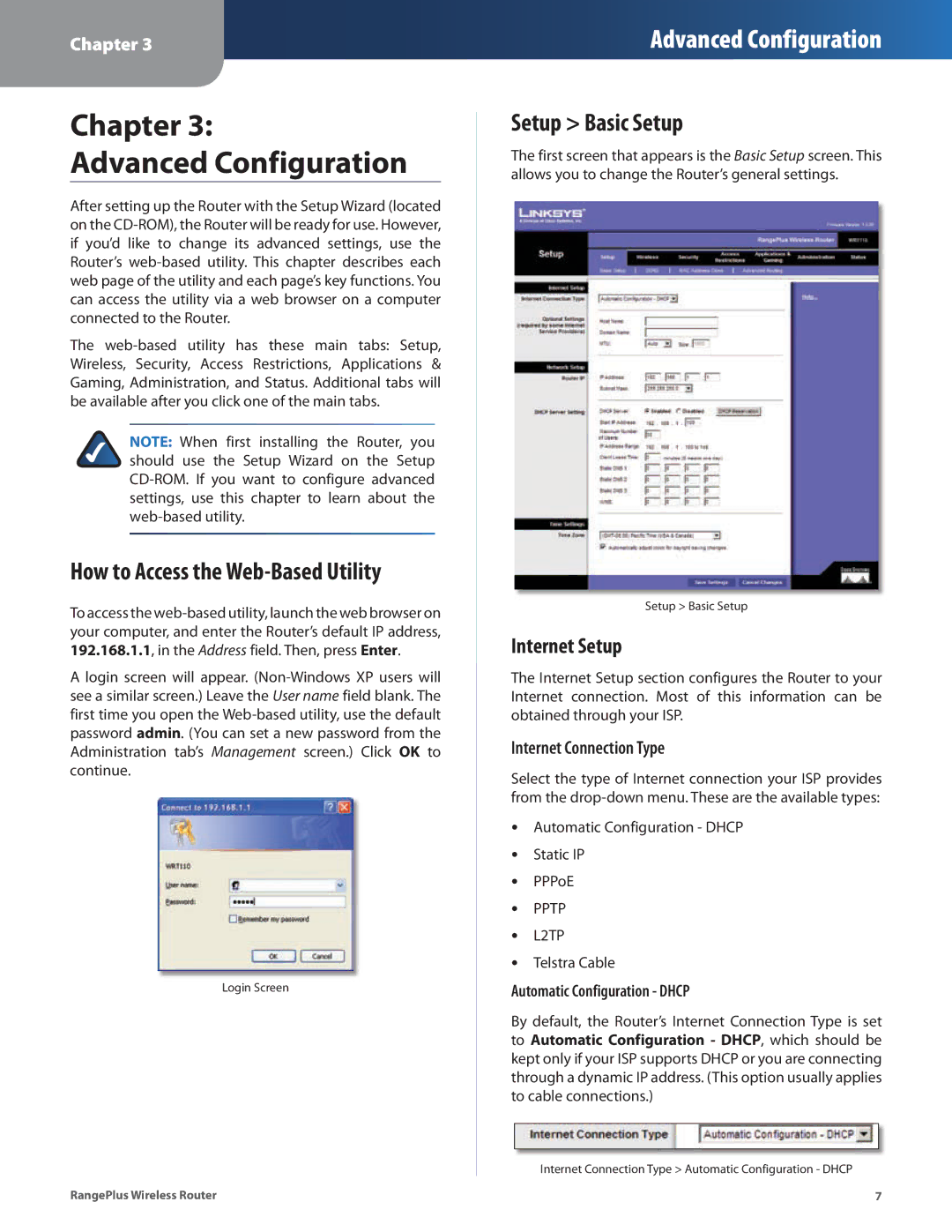 Cisco Systems WRT110 manual Chapter Advanced Configuration, How to Access the Web-Based Utility, Setup Basic Setup 