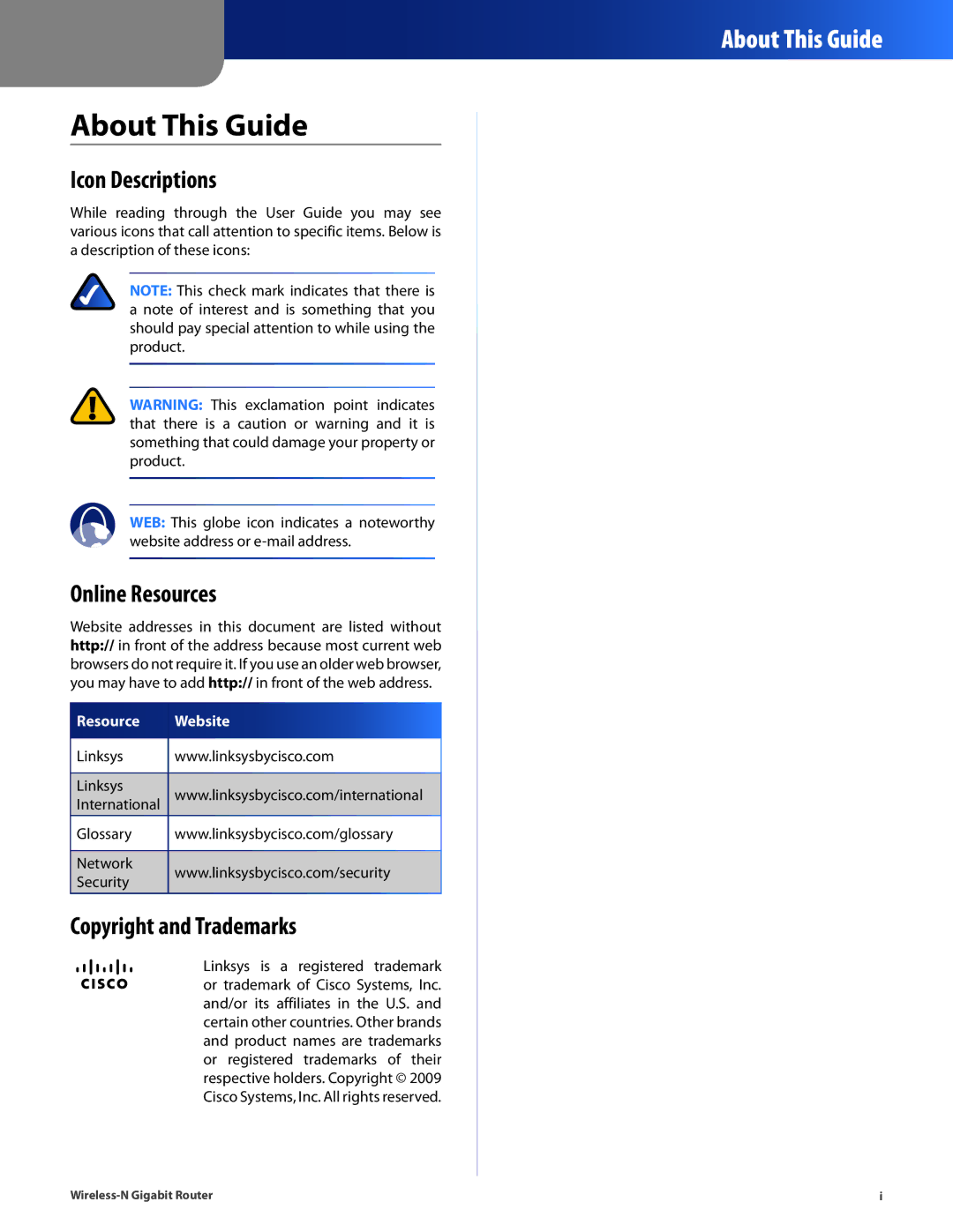 Cisco Systems WRT310N manual About This Guide, Icon Descriptions, Online Resources, Copyright and Trademarks 