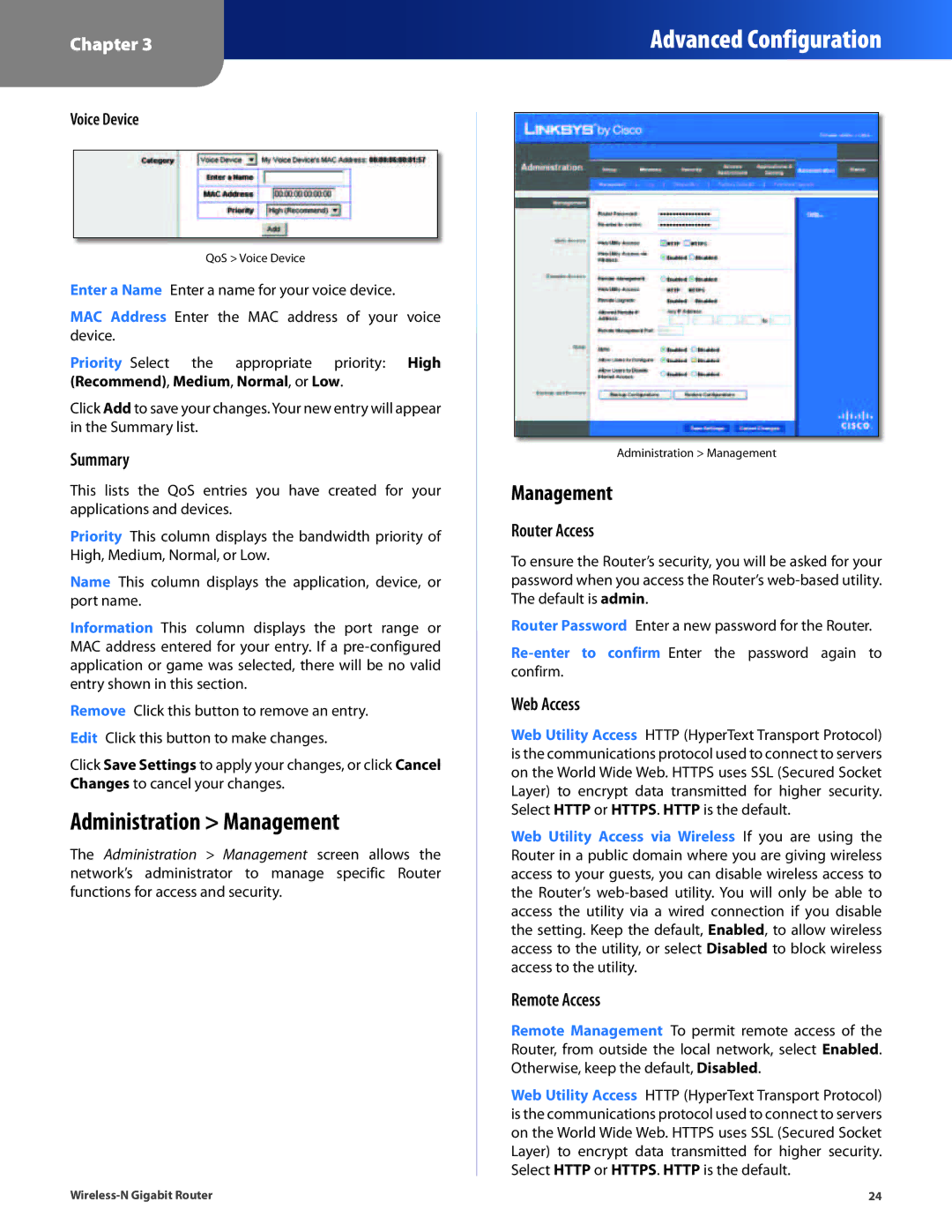 Cisco Systems WRT310N manual Administration Management, Router Access, Web Access, Remote Access 