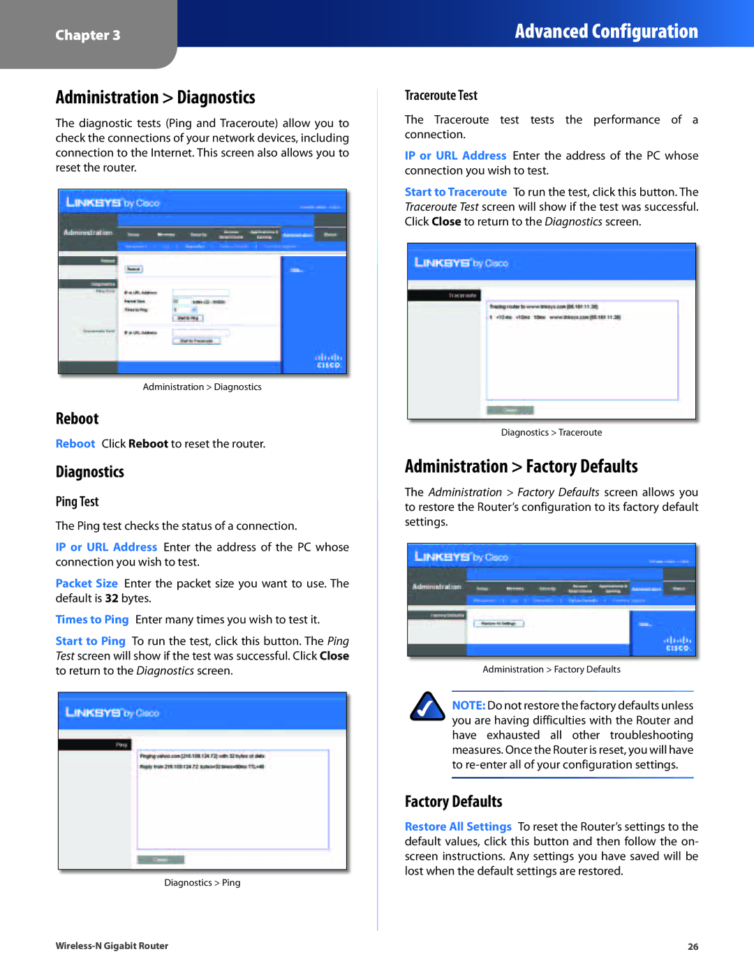 Cisco Systems WRT310N manual Administration Diagnostics, Administration Factory Defaults, Reboot 