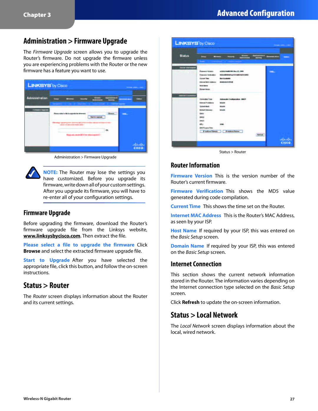 Cisco Systems WRT310N manual Administration Firmware Upgrade, Status Router, Status Local Network 