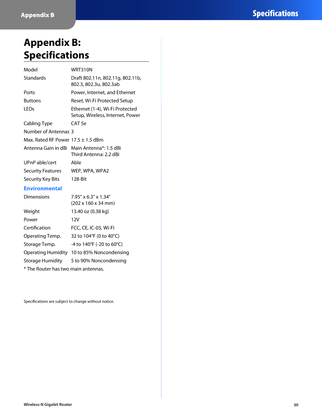 Cisco Systems WRT310N manual Appendix B Specifications 