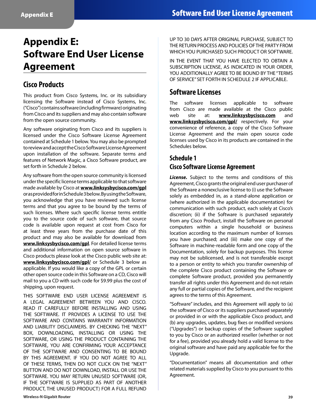 Cisco Systems WRT310N manual Appendix E Software End User License Agreement, Cisco Products, Software Licenses 