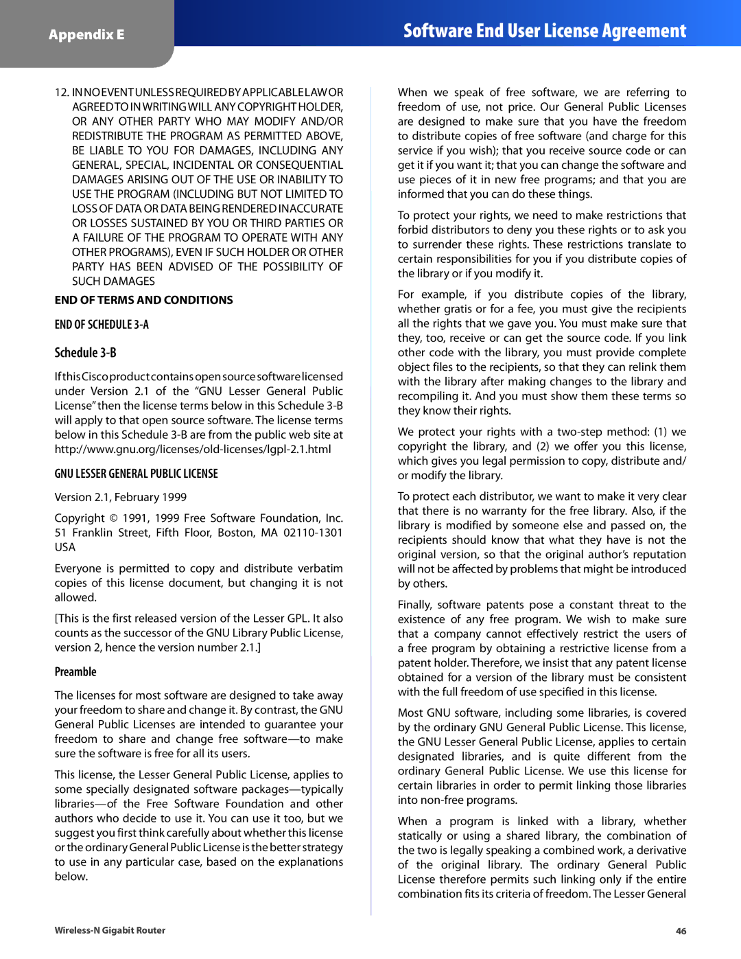 Cisco Systems WRT310N manual Schedule 3-B, END of Schedule 3-A, GNU Lesser General Public License 