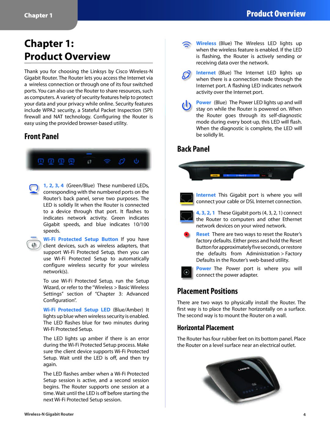 Cisco Systems WRT310N manual Chapter Product Overview, Front Panel, Back Panel, Placement Positions, Horizontal Placement 