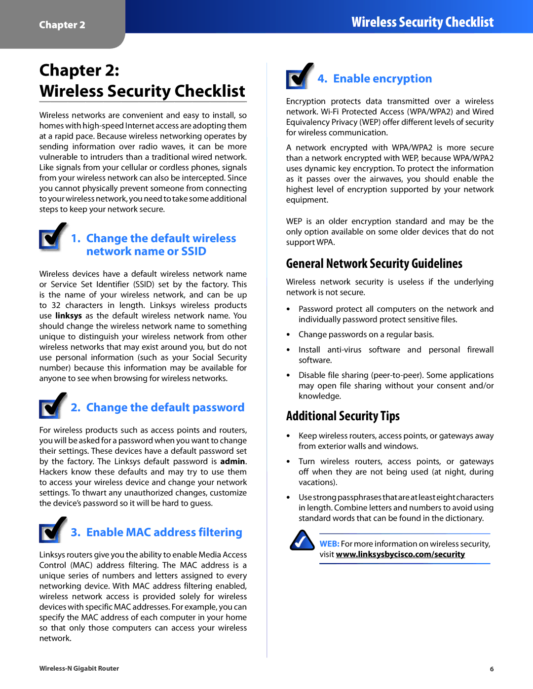 Cisco Systems WRT310N Chapter Wireless Security Checklist, General Network Security Guidelines, Additional Security Tips 