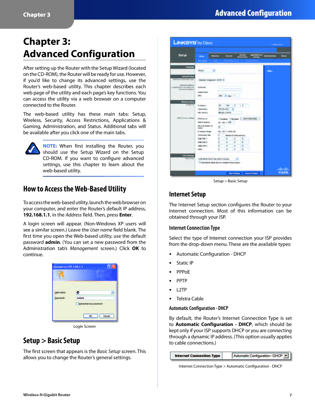 Cisco Systems WRT310N manual Chapter Advanced Configuration, How to Access the Web-Based Utility, Setup Basic Setup 