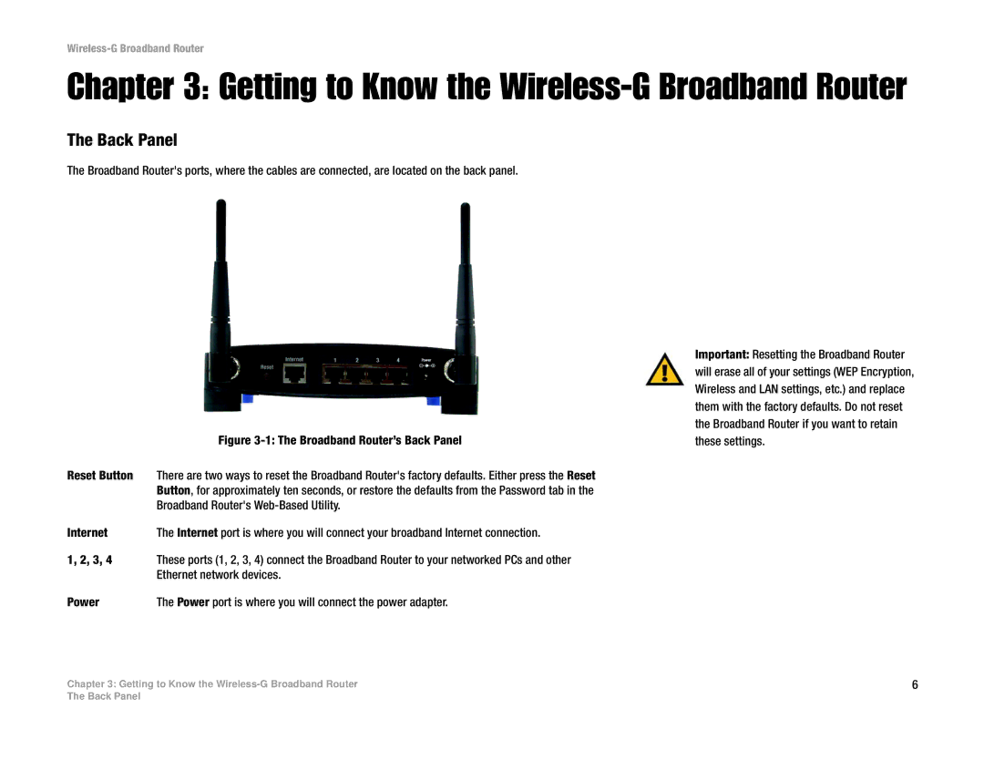 Cisco Systems WRT54G manual Getting to Know the Wireless-G Broadband Router, Back Panel 