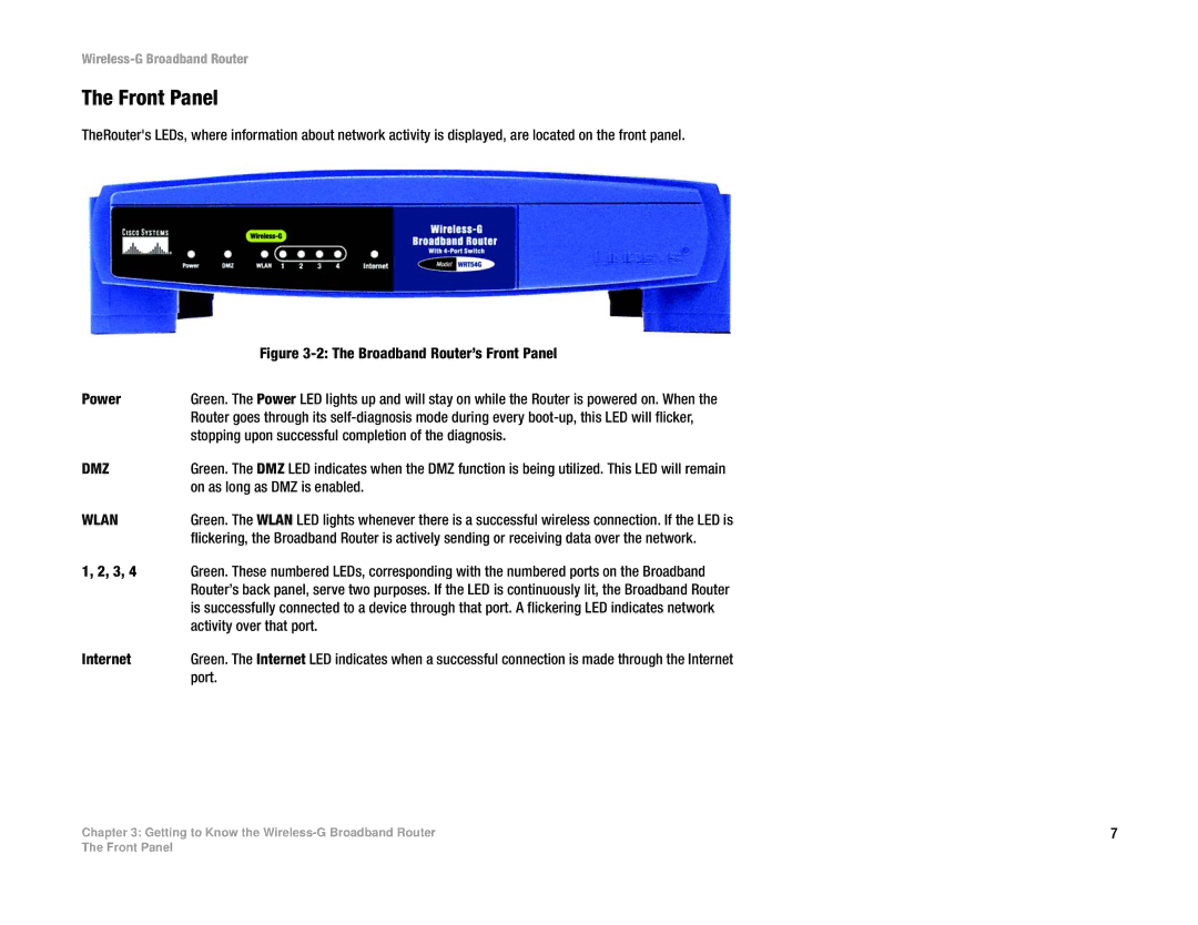 Cisco Systems WRT54G manual Front Panel, Dmz 