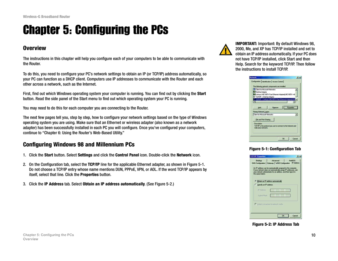 Cisco Systems WRT54G manual Configuring the PCs, Overview, Configuring Windows 98 and Millennium PCs 