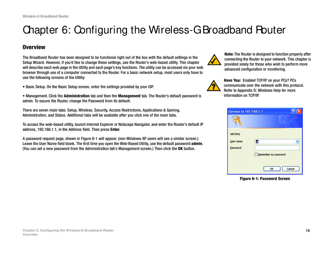 Cisco Systems WRT54G manual Configuring the Wireless-G Broadband Router, Password Screen 