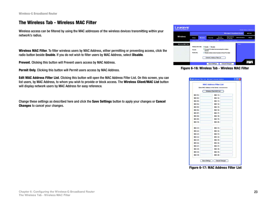 Cisco Systems WRT54G manual Wireless Tab Wireless MAC Filter 