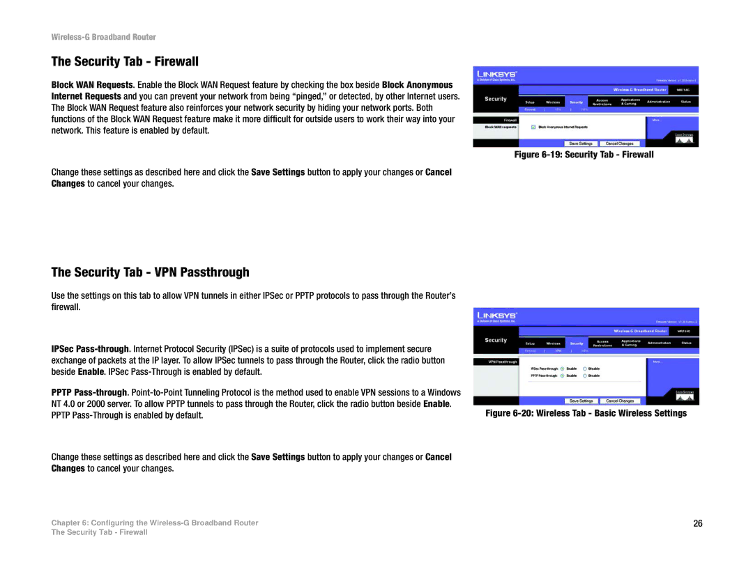 Cisco Systems WRT54G manual Security Tab Firewall, Security Tab VPN Passthrough 