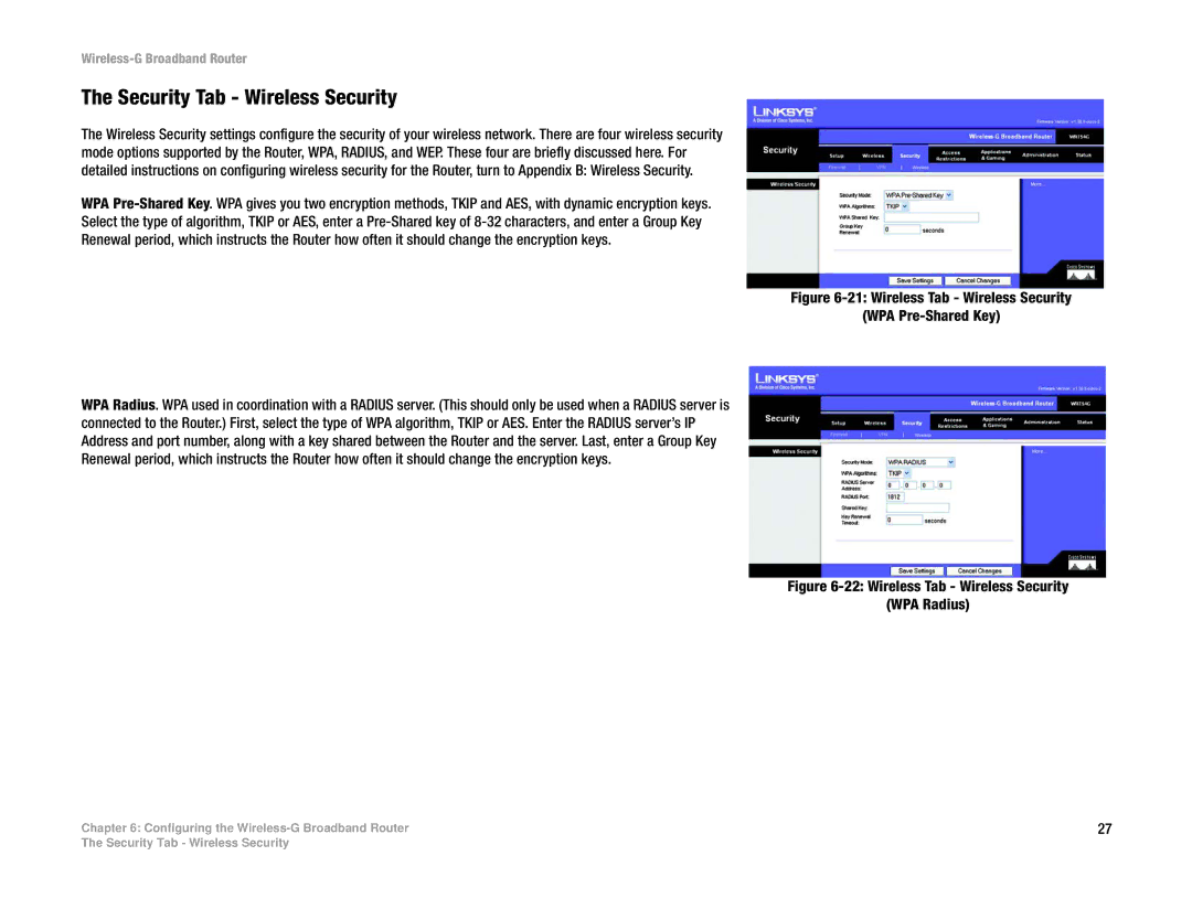 Cisco Systems WRT54G manual Security Tab Wireless Security, Wireless Tab Wireless Security WPA Pre-Shared Key 