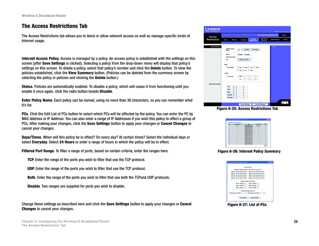 Cisco Systems WRT54G manual Access Restrictions Tab 