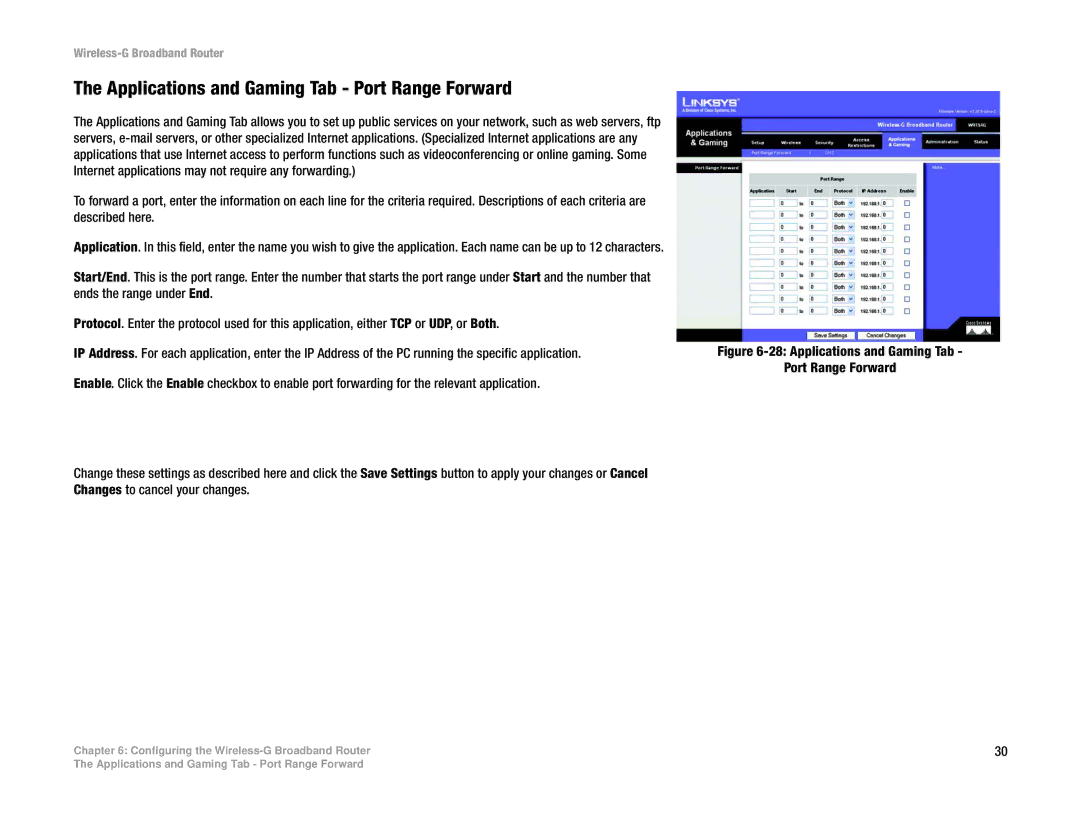 Cisco Systems WRT54G manual Applications and Gaming Tab Port Range Forward 