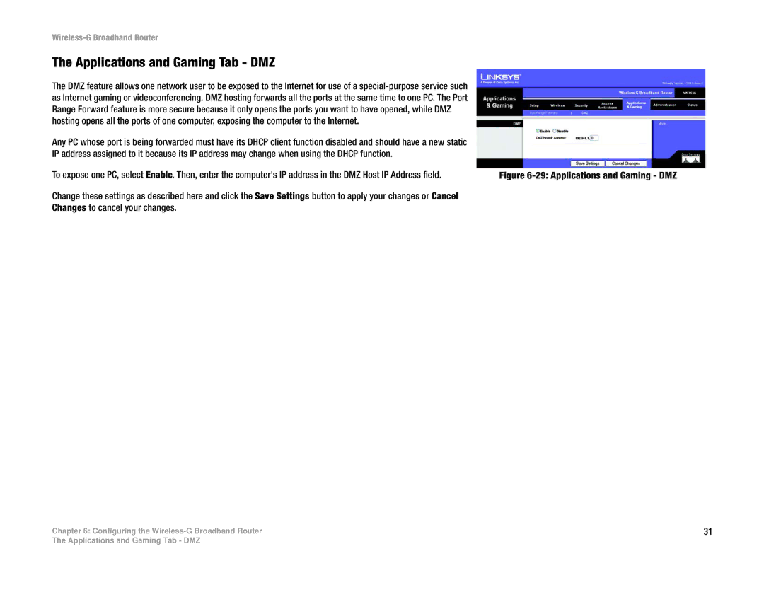 Cisco Systems WRT54G manual Applications and Gaming Tab DMZ, Applications and Gaming DMZ 