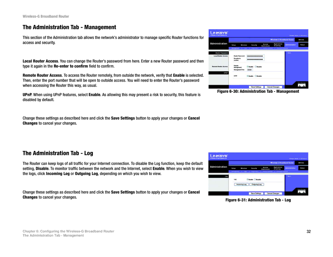 Cisco Systems WRT54G manual Administration Tab Management, Administration Tab Log 