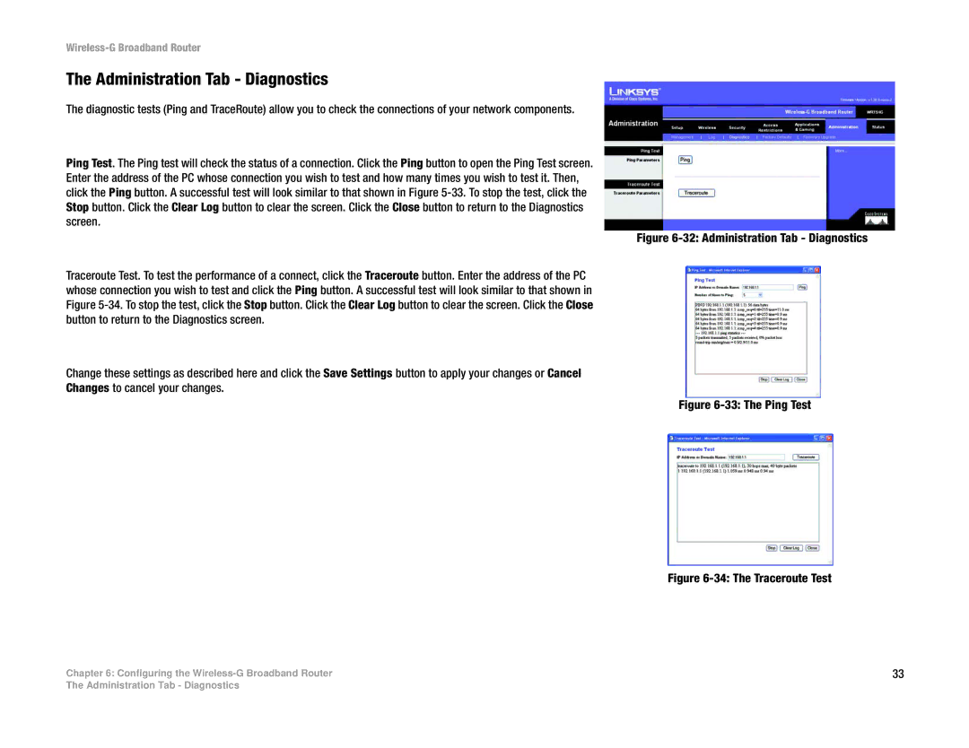 Cisco Systems WRT54G manual Administration Tab Diagnostics 