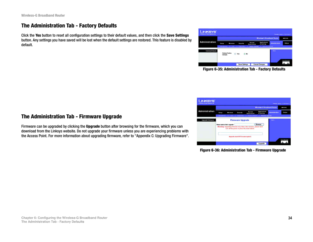 Cisco Systems WRT54G manual Administration Tab Factory Defaults, Administration Tab Firmware Upgrade 